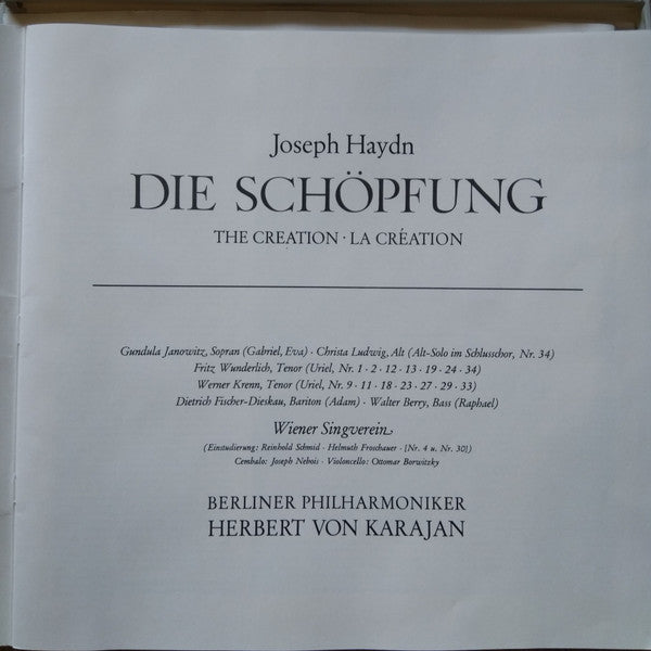 Joseph Haydn - Gundula Janowitz • Christa Ludwig • Fritz Wunderlich • Werner Krenn • Dietrich Fischer-Dieskau • Walter Berry • Wiener Singverein, Berliner Philharmoniker, Herbert von Karajan : Die Schöpfung · The Creation · La Création (2xLP)