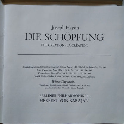 Joseph Haydn - Gundula Janowitz • Christa Ludwig • Fritz Wunderlich • Werner Krenn • Dietrich Fischer-Dieskau • Walter Berry • Wiener Singverein, Berliner Philharmoniker, Herbert von Karajan : Die Schöpfung · The Creation · La Création (2xLP)