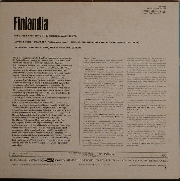 Jean Sibelius / Edvard Grieg / Hugo Alfvén - The Philadelphia Orchestra, Eugene Ormandy, Mormon Tabernacle Choir : Finlandia (LP, Album, Ter)