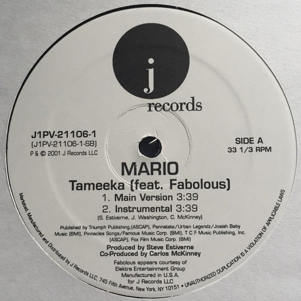 Mario Featuring Fabolous : Tameeka (12", Promo)