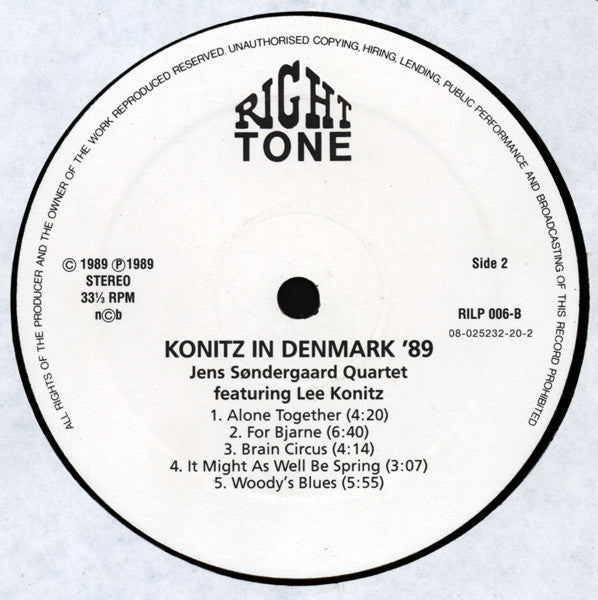 Jens Søndergaard Quartet Featuring Lee Konitz : Konitz In Denmark '89 (LP, Album)