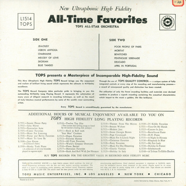 Tops All-Star Orchestra : All-Time Favorites (LP, Mono)