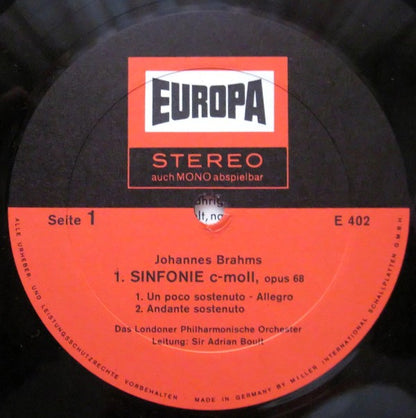 Johannes Brahms - The London Philharmonic Orchestra Leitung: Sir Adrian Boult : 1. Sinfonie C-Moll (LP, Album)