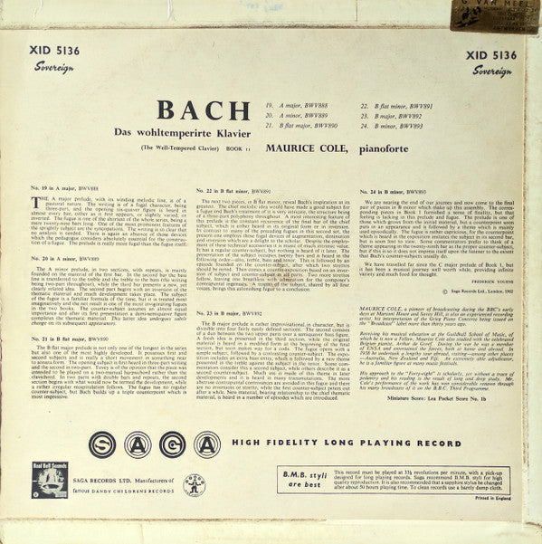 Johann Sebastian Bach – Maurice Cole : Das Wohltemperirte Klavier — Vol. 6 (LP, Mono)