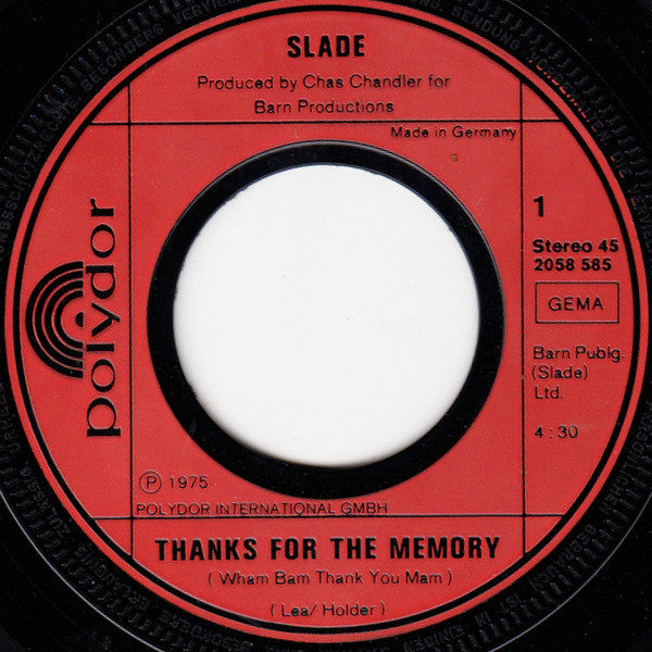 Slade : Thanks For The Memory (Wham Bam Thank You Mam) (7", Single)