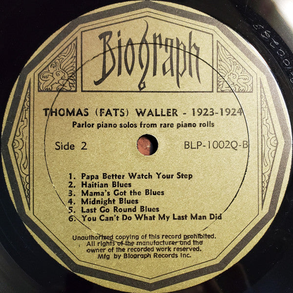 Fats Waller : 1923-1924 Parlor Piano Solos From Rare Piano Rolls (LP, Comp)