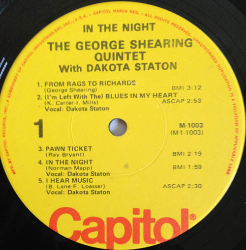 The George Shearing Quintet With Dakota Staton : In The Night (LP, Album, Mono, RE)