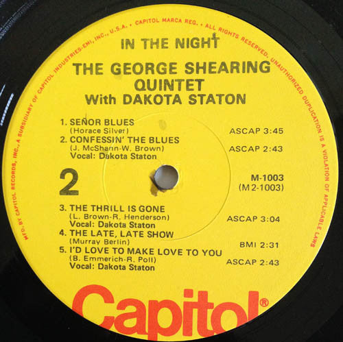 The George Shearing Quintet With Dakota Staton : In The Night (LP, Album, Mono, RE)