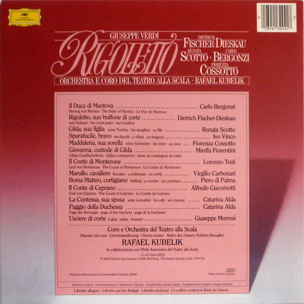 Giuseppe Verdi - Dietrich Fischer-Dieskau, Renata Scotto, Carlo Bergonzi, Fiorenza Cossotto, Orchestra Del Teatro Alla Scala E Coro Del Teatro Alla Scala, Roberto Benaglio, Rafael Kubelik : Rigoletto (3xLP, RE, Env)