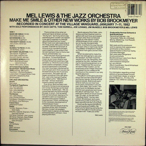 Mel Lewis & The Jazz Orchestra : Make Me Smile & Other New Works By Bob Brookmeyer (LP, Album, Promo)