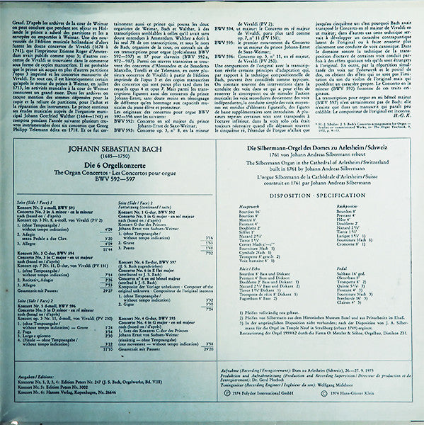 Johann Sebastian Bach, Karl Richter : Die 6 Orgelkonzerte, BWV 592–597 (LP, Gat)