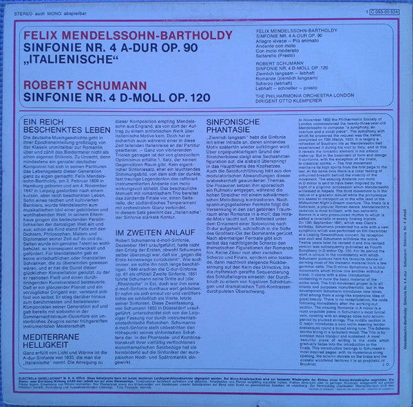 Felix Mendelssohn-Bartholdy - Robert Schumann - Otto Klemperer, Philharmonia Orchestra : 4. Sinfonie ..Italienische'' / 4. Sinfonie (LP)