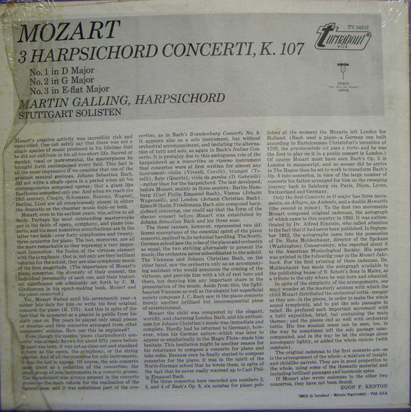 Wolfgang Amadeus Mozart, Martin Galling, Stuttgarter Solisten : 3 Harpsichord Concerti K. 107 (LP)