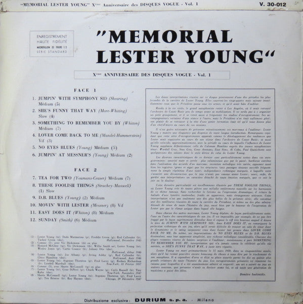 Lester Young : Memorial Lester Young (LP, Comp)