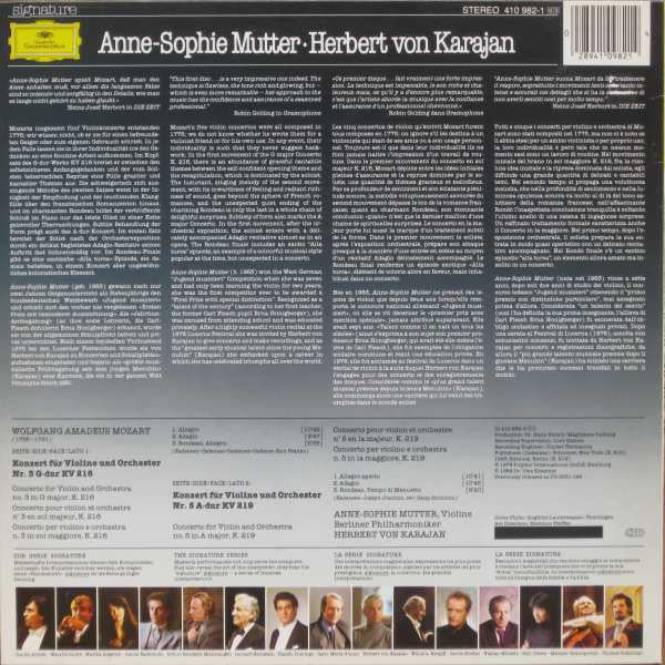 Wolfgang Amadeus Mozart - Berliner Philharmoniker, Herbert Von Karajan, Anne-Sophie Mutter : Violin Concertos Nos. 3 & 5 (LP, Album)