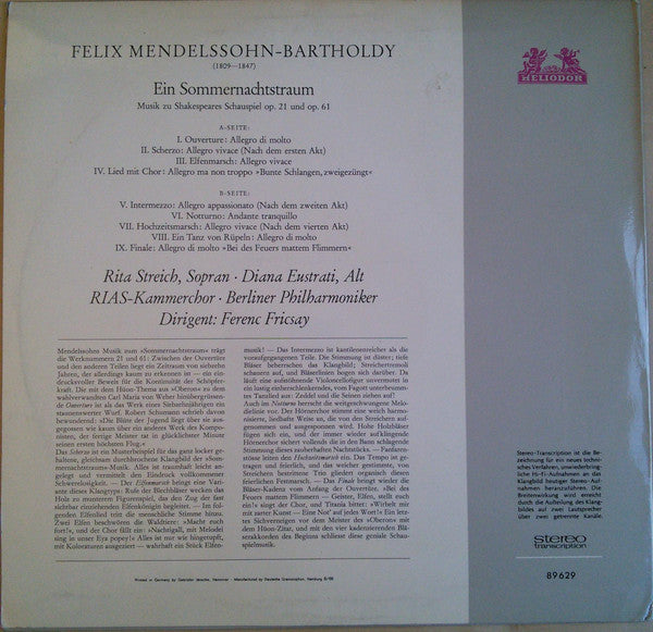 Felix Mendelssohn-Bartholdy - Berliner Philharmoniker Dirigent Ferenc Fricsay : Ein Sommernachtstraum (LP, Fak)