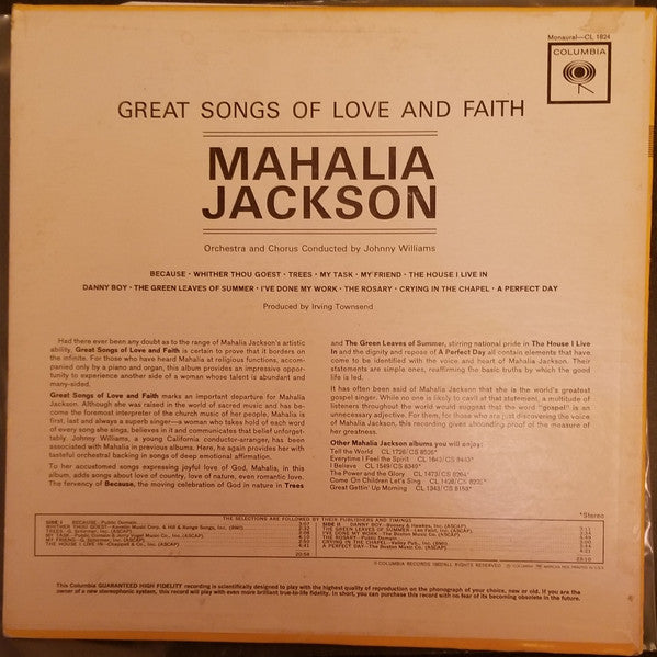 Mahalia Jackson : Great Songs Of Love And Faith (LP, Mono)