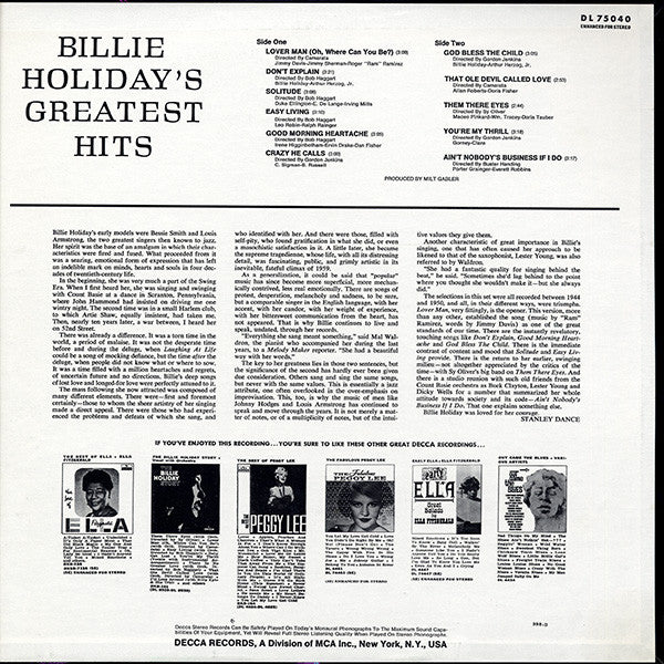 Billie Holiday : Billie Holiday's Greatest Hits! (LP, Comp, RE)