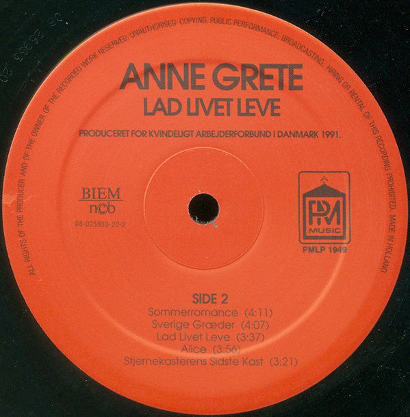 Anne Grete : Lad Livet Leve (LP, Album)