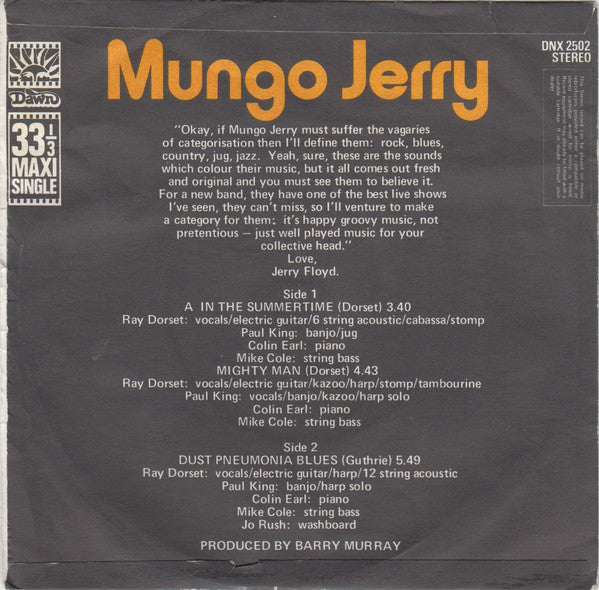 Mungo Jerry : In The Summertime / Mighty Man / Dust Pneumonia Blues (7", Maxi, Sol)