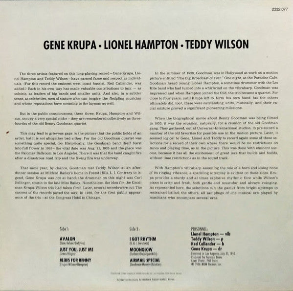 Gene Krupa • Lionel Hampton • Teddy Wilson : Gene Krupa • Lionel Hampton • Teddy Wilson (LP, Album, RE)