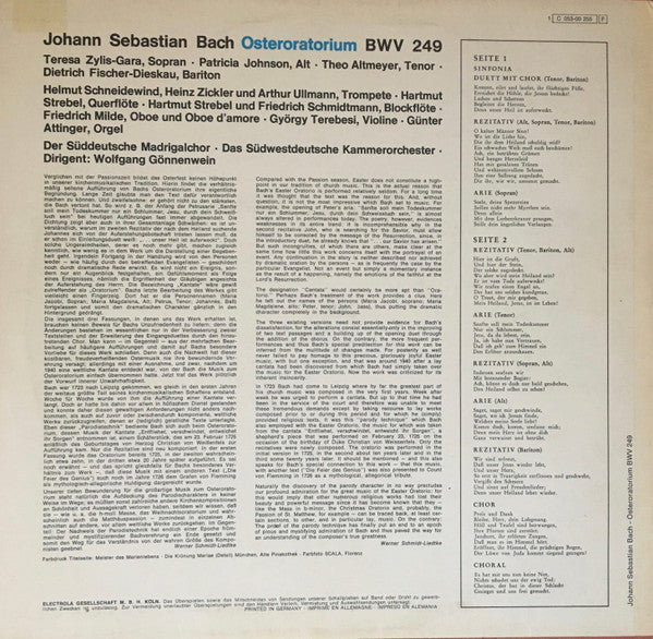 Johann Sebastian Bach - Teresa Żylis-Gara, Patricia Johnson (3), Theo Altmeyer, Dietrich Fischer-Dieskau, Der Süddeutsche Madrigalchor, Südwestdeutsches Kammerorchester Leitung Wolfgang Gönnenwein : Osteroratorium BWV 249 (LP, Album)