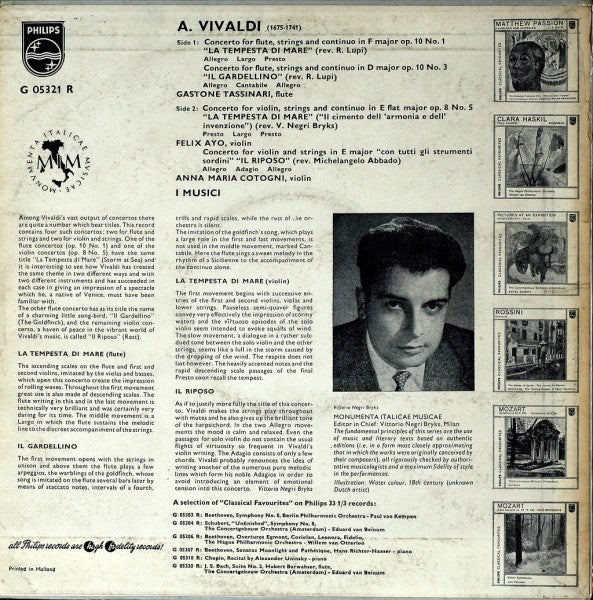 Antonio Vivaldi, I Musici : La Tempesta Di Mare (For Flute) / La Tempesta Di Mare (For Violin) / II Gardellino / II Riposo (10")