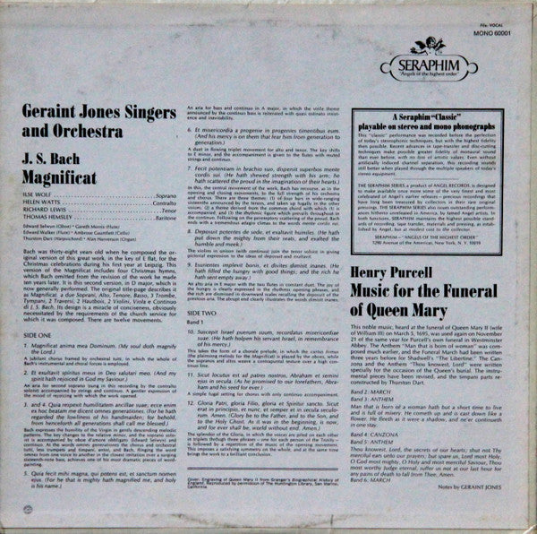 Geraint Jones Singers, Henry Purcell, Johann Sebastian Bach, Ilse Wolf, Helen Watts, Richard Lewis (3), Thomas Hemsley, Geraint Jones (2), Geraint Jones Orchestra And Singers : Purcell: Music For The Funeral Of Queen Mary / Bach: Magnificat, BWV. 243 (LP, Mono)