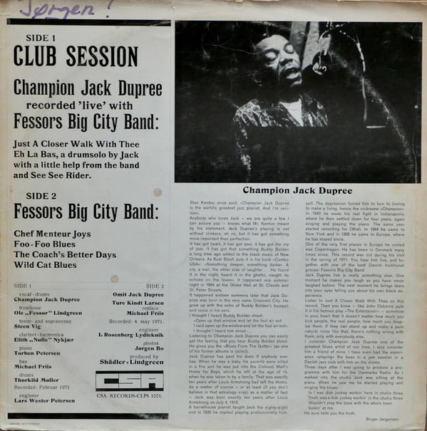 Fessor's Big City Band, Champion Jack Dupree : Club Session (LP, Album)