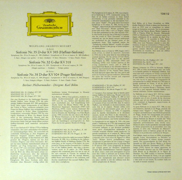 Wolfgang Amadeus Mozart · Karl Böhm · Berliner Philharmoniker : Symphonien Nr. 35 »Haffner« · Nr. 32 G-Dur (In G Major) · Nr. 38 »Prager« (LP)