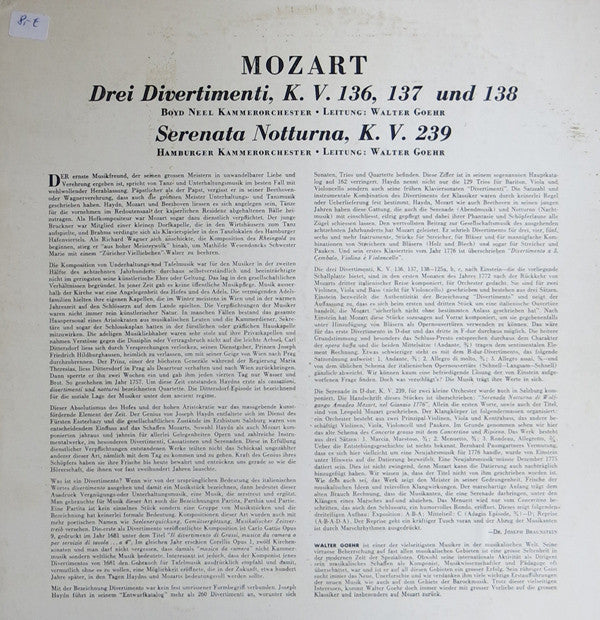 Wolfgang Amadeus Mozart, The Boyd Neel Chamber Orchestra, Hamburger Kammerorchester, Walter Goehr : Salzburger Serenaden - Drei Divertimenti, Kv 136, Kv 137, Kv 138 / Serenata Notturno, Kv 239 (LP)