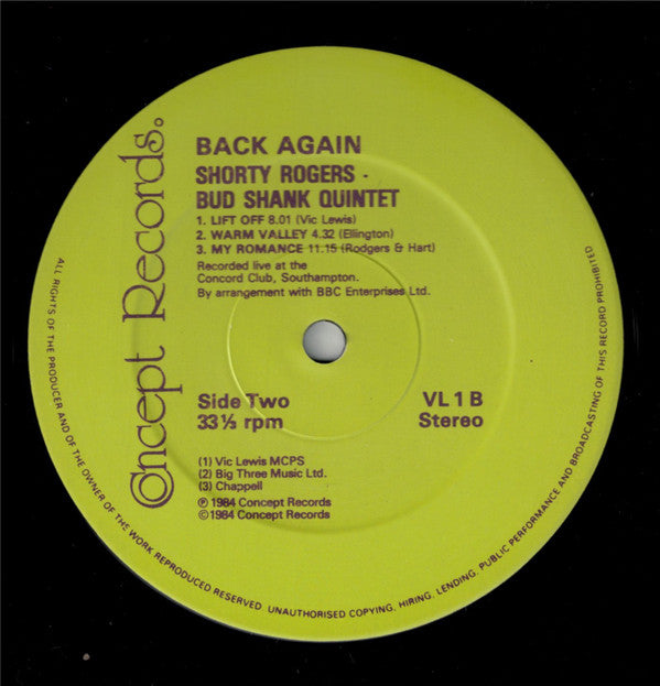 Shorty Rogers, Bud Shank With Vic Lewis And His Big Band, The Bud Shank Quintet : Back Again (LP, Album)