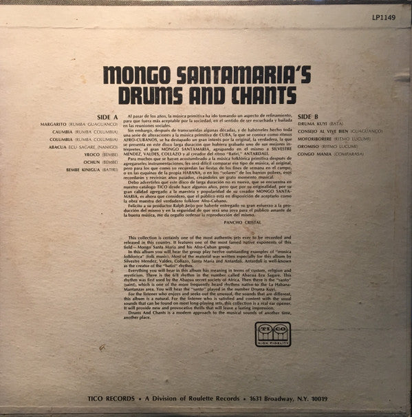 Mongo Santamaria : Mongo Santamaria's Drums And Chants (Authentic Afro-Cuban Rhythms) (LP, Album, RE)