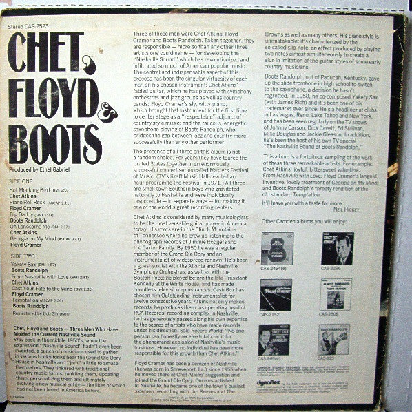 Chet Atkins, Floyd Cramer, Boots Randolph : Chet, Floyd & Boots (LP, Comp)