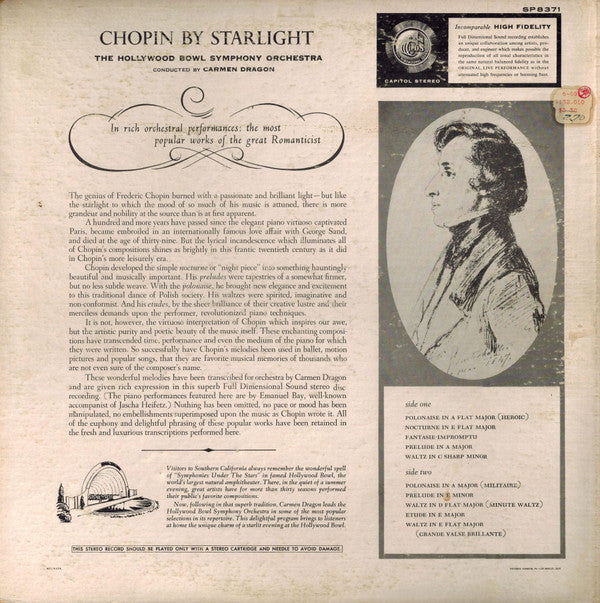 Carmen Dragon Conducting The Hollywood Bowl Symphony Orchestra : Chopin By Starlight (LP, Album)