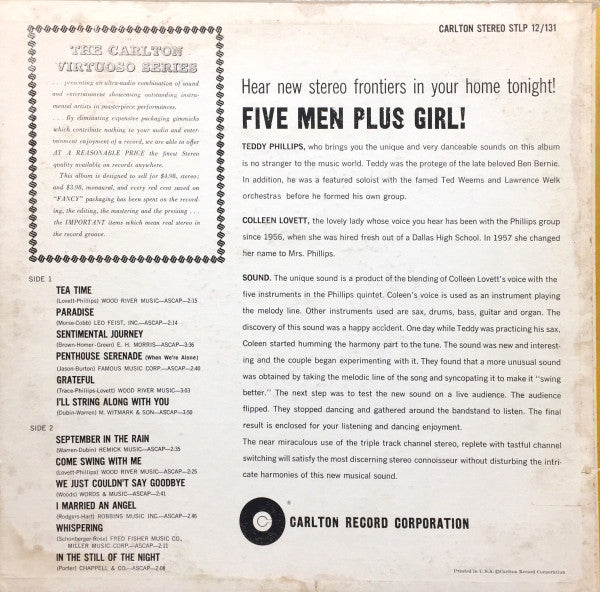 Teddy Phillips And His Orchestra With Colleen Lovett : Five Men + One Girl, Hear New Stereo Frontiers In Your Home Tonight (LP, Album)