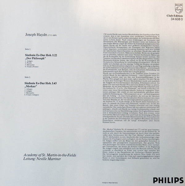 Joseph Haydn, Sir Neville Marriner, The Academy Of St. Martin-in-the-Fields : Sinfonien 2 („Der Philosoph“ - „Merkur“)   (LP, Comp, Club)