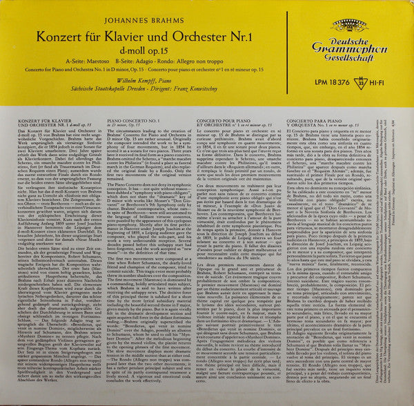 Johannes Brahms - Wilhelm Kempff, Staatskapelle Dresden, Franz Konwitschny : Konzert Für Klavier Und Orchester Nr. 1  D-Moll Op. 15 (LP, Mono)