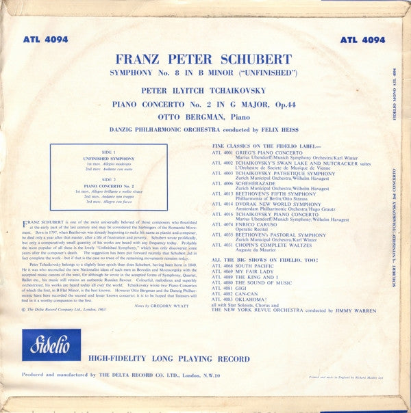 Franz Schubert / Pyotr Ilyich Tchaikovsky : Unfinished Symphony / Piano Concerto No. 2 (LP, Mono)