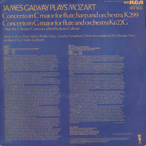 James Galway Plays Wolfgang Amadeus Mozart With Marisa Robles, The London Symphony Orchestra, Eduardo Mata : Flute & Harp Concerto K299 / Flute Concerto K622G (LP, Album)