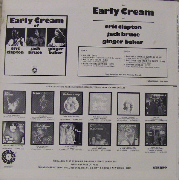 Eric Clapton / Jack Bruce / Ginger Baker : The Early Cream Of Eric Clapton, Jack Bruce & Ginger Baker (LP, Comp)