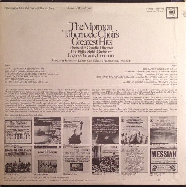 Mormon Tabernacle Choir : The Mormon Tabernacle Choir's Greatest Hits (LP, Comp)