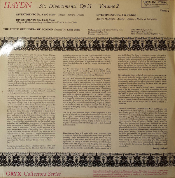 Joseph Haydn - The Little Orchestra Of London directed by Leslie Jones : Six Divertimenti Op. 31 In 2 Volumes - Volume 2 (LP, Album)