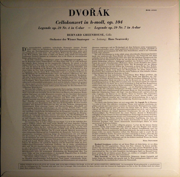 Antonín Dvořák - Bernard Greenhouse, Orchester Der Wiener Staatsoper, Hans Swarowsky : Cellokonzert (LP, Album, Syn)