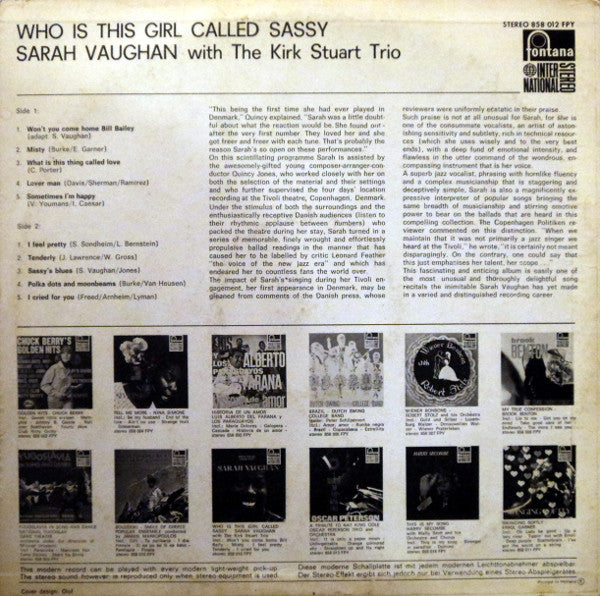 Sarah Vaughan With The Kirk Stuart Trio : Who Is This Girl Called Sassy (LP, Album, RE)