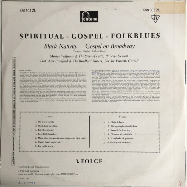 Marion Williams & The Stars Of Faith, Princess Stewart, Alex Bradford & The Bradford Singers : Spiritual - Gospel - Folk-Blues 3 Black Nativity Gospel On Broadway (LP, Album, Mono)