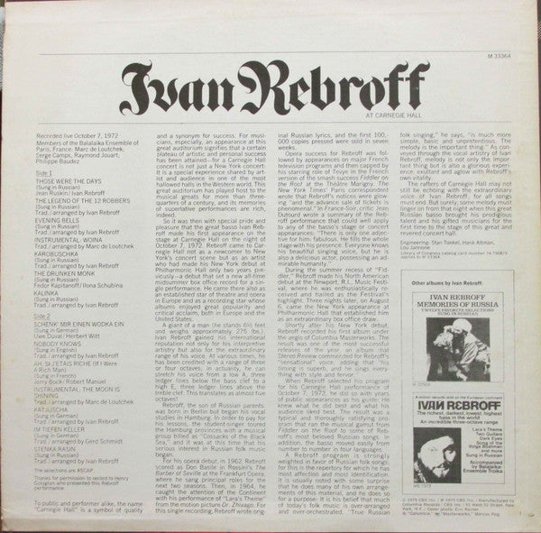 Ivan Rebroff : At Carnegie Hall (LP, Album, RE)