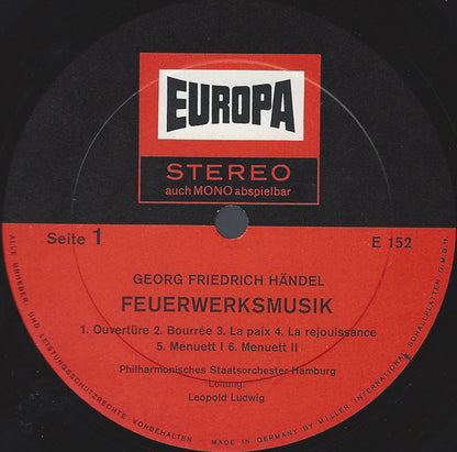 Georg Friedrich Händel, Philharmonisches Staatsorchester Hamburg, Leopold Ludwig : Feuerwerksmusik / Wassermusik (LP)