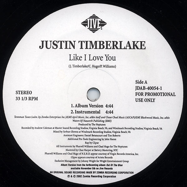 Justin Timberlake : Like I Love You (12", Single, Promo)