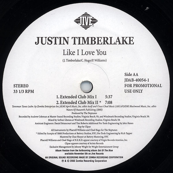 Justin Timberlake : Like I Love You (12", Single, Promo)